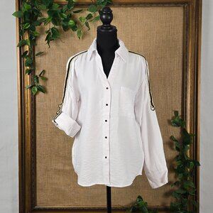 Buckle Black Long Sleeve Button Up Blouse With Black and Gold Trim - size M